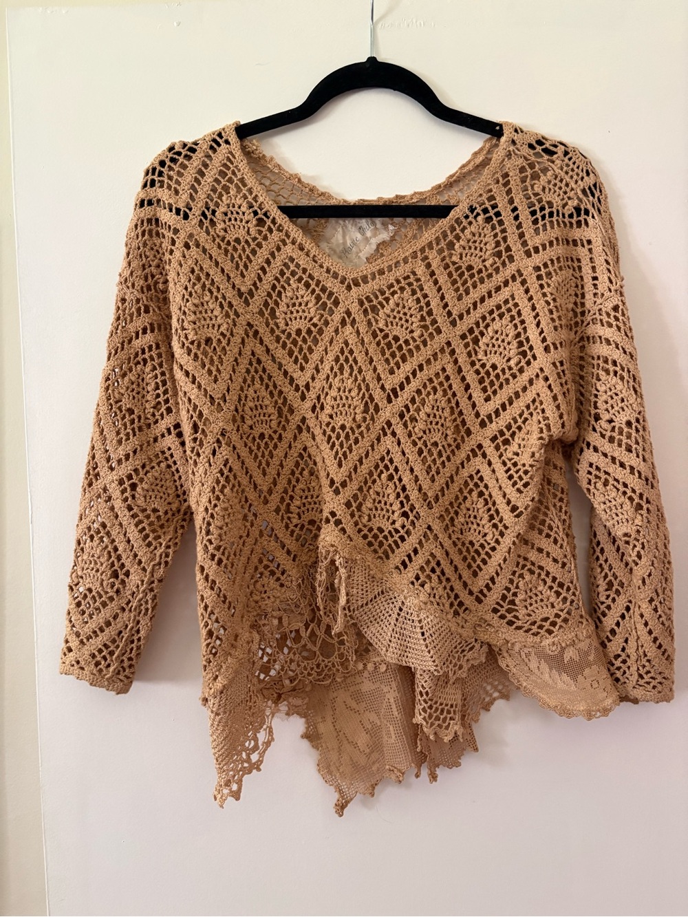 Amazing vintage handmade tea dyed crochet and old lace top OOAK OSFM A TREASURE